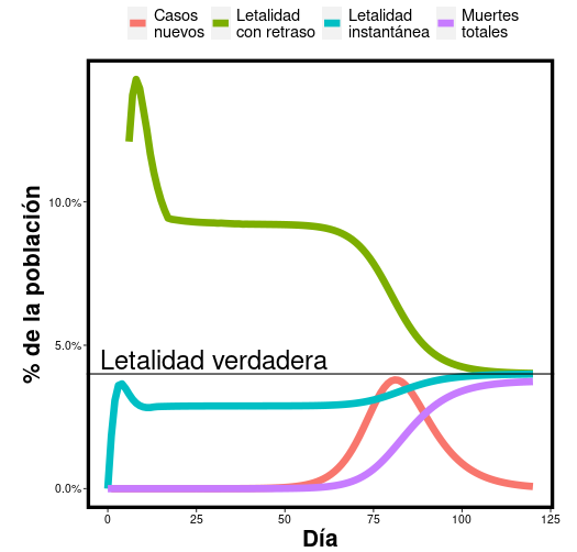 Diagrama que ilustra las dificultades de estimar la letalidad durante una epidemia. La letalidad verdadera y el número de nuevos casos infecciosos y muertes acumulados de una simulación con un modelo SEIRD. Dos estimadores de letalidad (instantánea y con retraso) se muestran. Ninguno hace un buen trabajo durante la epidemia pero convergen una vez que el pico epidémico ha pasado.